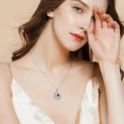 Sun and Moon Necklace for Women 925 Sterling Silver Celtic Crescent Moon Pendant Blue Opal/White Opal/Abelone Shell/Labradorite/Moonstone Jewelry Gift for Teen Girls - color: black onyx sun