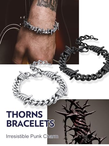 Bandmax Barbed Wire Chain Bracelets for Men Women Stainless Steel/Black/Gold Thorn Cuban Link Bracelet Adjustable Punk Emo Style Jewelry Gift - color: 02 9MM-Black Plated