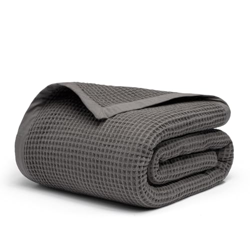 GOTS Certified 100% Organic Cotton Throw Blanket, 90" X 90" Waffle Blankets & Throws for Bed, Throw Blanket for Couch, Modern & Cozy Blanket, All Season,Comfy & Soft Blanket(Charcoal Grey) - color: Charcoal Grey, size: Organic Cotton - Queen
