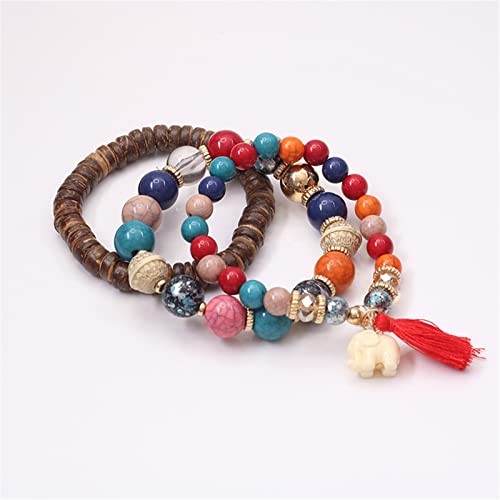 Bohemian Stackable Wood Wooden Beads Elephant Charm Tassel Stretchy Bracelet Set for Women Men Multilayered Multicolor Acrylic Resin Seeds Bracelet Ethnic Jewelry Gift - color: C red