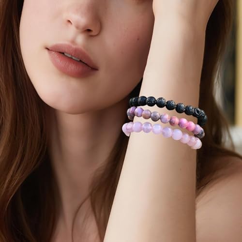 4mm 6mm 8mm Healing Crystal Bracelets for Women Men Natural Stone Beaded Stretch Bracelet Handmade Gemstone Reiki Spiritual Jewelry Gifts - color: Rose Quartz+Lava+Pink Zebra-Stress Relief, size: 8mm