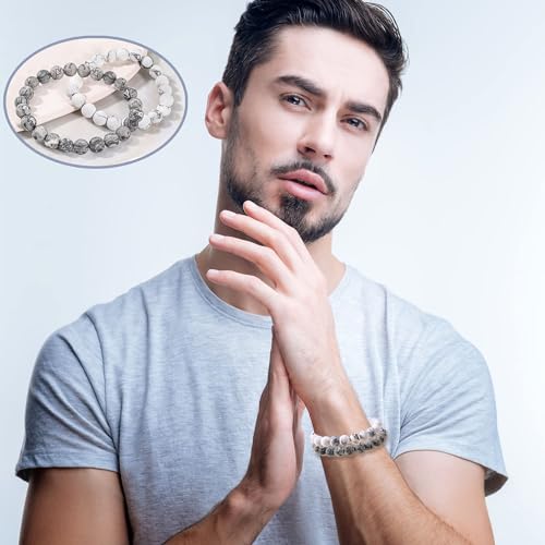 Bivei Natural Gemstone Semi Precious Healing Crystals Handmade Stretchy Round Beads Bracelet,Stocking Stuffers for Women Enhance Positive Energy - color: 8mm Howlite & Picasso Jasper (Good Sleep), size: Small: 6.5-6.7 inch