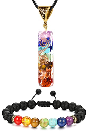 Necklace Pendant & Lava Rock Bracelet, for Women/Men (Set) - color: 7 Chakra Set -B