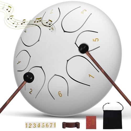 Rain Drum for Outside Garden, 6 Inches 8 Notes Steel Tongue Drums, Waterproof Meditation Echo Rain Chime, Musical Instruments for Adult Gift with Bag, Music Book, Mallets (White) - color: White, size: 6 Inches