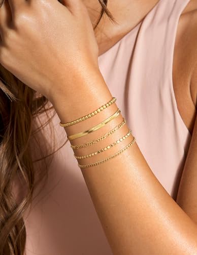 DEARMAY Gold Bracelets for Women Waterproof, 14K Gold Plated Stackable Jewelry Sets Non Tarnish Trendy Thin Dainty Cuban Link Paperclip Chain Bracelet Stack Fashion Accessories Gifts for Womens - style: 5Pcs BRACELET B