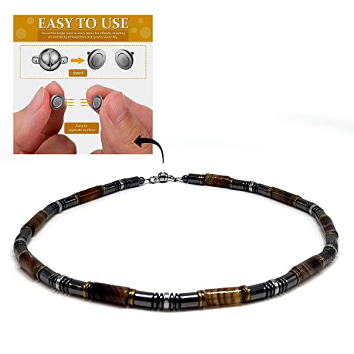 Healing Stress Anxiety Meditation Grounding Energy Gemstone Necklace Series - color: Brown Agate & Hematite -6 mm- Stone Tube Beads