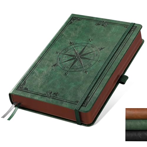 Thick Journal Blank Notebook for Men - 320 Numbered Pages A5 Notebook for Writing, 100gsm Plain Paper, Vintage Leather Hardcover, for Women Work Office School, 5.75'' X 8.38''- Dark Green