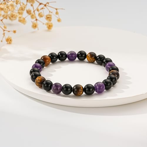 Healing Crystal Bracelet for Women, Natural Stone Beaded Healing Crystal Bracelet Triple Protection Stress Relief Beads Jewelry Birthday Gifts Jewelry for Her - style: Triple Protection-2