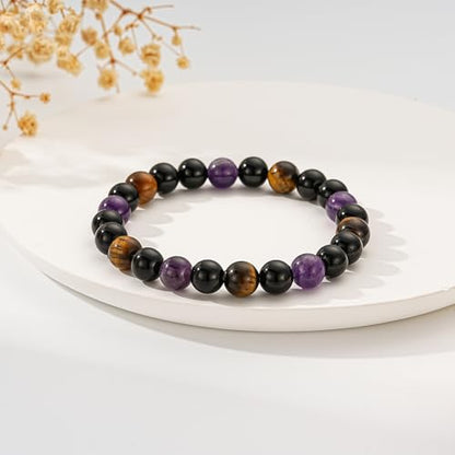 Healing Crystal Bracelet for Women, Natural Stone Beaded Healing Crystal Bracelet Triple Protection Stress Relief Beads Jewelry Birthday Gifts Jewelry for Her - style: Triple Protection-2