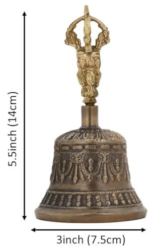 Purpledip Spiritual Buddhist Tibetan Brass Bell with Dorje Handle For Self Healing Meditation Prayer and Yoga, Religious Gift (10680)