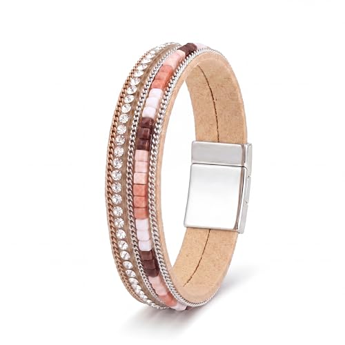 Edoneery Leather Wrap Bracelet for Women, Boho Handmade Multi-Layer Cuff with Crystal Beads Heart, Stackable Bangle Western Jewelry Gift - style: Rhinestone(Boho)