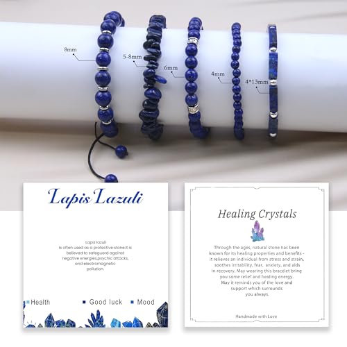 5Pcs Healing Crystal Bracelet for Women Men, Handmade Adjustable Gemstone Bracelets Beaded Reiki Energ Bracelet Set Jewelry Gifts for Women Men - color: Lapis lazuli