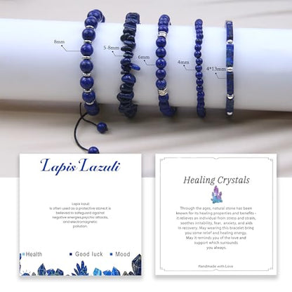 5Pcs Healing Crystal Bracelet for Women Men, Handmade Adjustable Gemstone Bracelets Beaded Reiki Energ Bracelet Set Jewelry Gifts for Women Men - color: Lapis lazuli