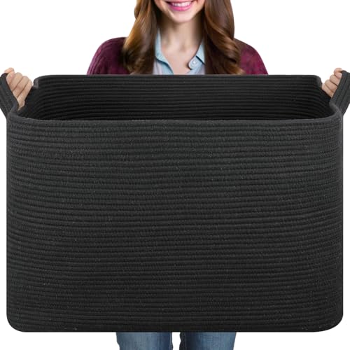 108L Extra Large Blanket Basket, for Living Room, Nursery, Bedroom, Laundry Room, Rectangle Woven Storage with Handles for Comforters, Pillows, Cushions and Toys, 24.8" x 16.2" x 16.2", Black - color: Black