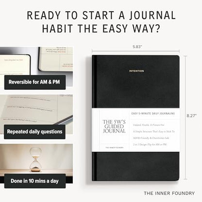 10-Minute Morning & Night Journal – Reversible AM/PM Guided Notebook for Mindfulness, Focus & Consistency – Undated Daily Journal in Black Vegan Leather | The 5W’s Guided Journal by The Inner Foundry - color: Black