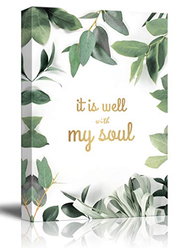 wall26 - Canvas Wall Art - Green Leaves on White Background with It's Well with My Soul Quotes - Giclee Print Gallery Wrap Modern Home Art Ready to Hang - 12x18 inches - color: Artwork - 02, size: 18"L x 12"W