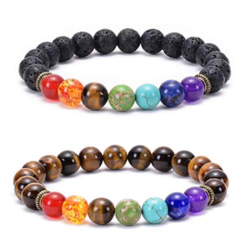 GelConnie Lava Rock Chakra Bracelet 7 Chakra 8mm Natural Stone Healing Bracelet Stress Relief Yoga Beads Anxiety Bracelet Aromatherapy Essential Oil Diffuser Bracelet Bangle - color: BC-Tiger Eye&Lava Rock