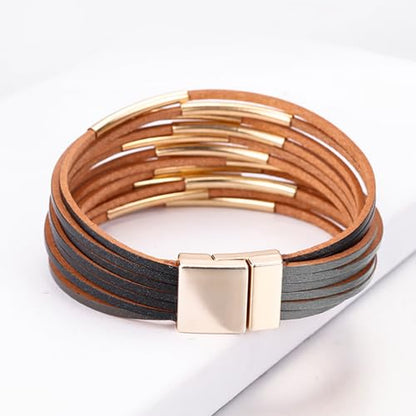 Fesciory Leather Wrap Bracelets for Women, Boho Leopard Multi-Layer Crystal Beads Cuff Bracelet Jewelry - color: Black and Gray