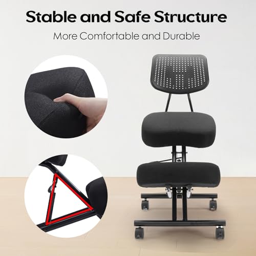 Kneeling Chairs with Backrest Linen Ergonomic Home Office Chair Adjustable Height Seat Rolling Wheels Comfort Thick Cushion Work Stool Improve Posture Chair - size: with back