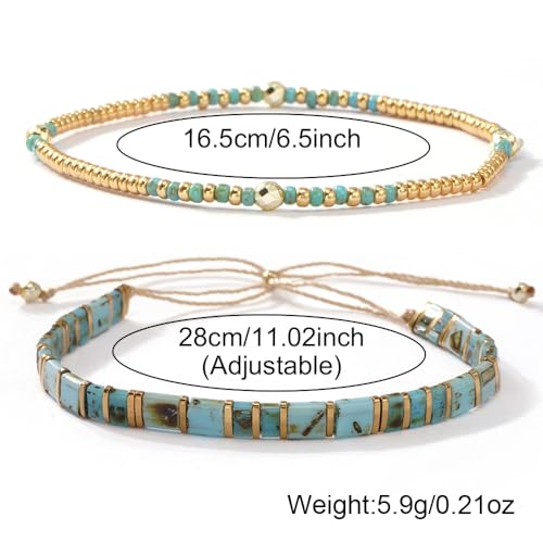 Tila Flat Beaded Stretch Bracelets for Women Stackable Gold Colorful Seed Beads Boho Bracelet Stack Adjustable Rope String Friendship Jewelry Trendy Holiday Gift - color: Green