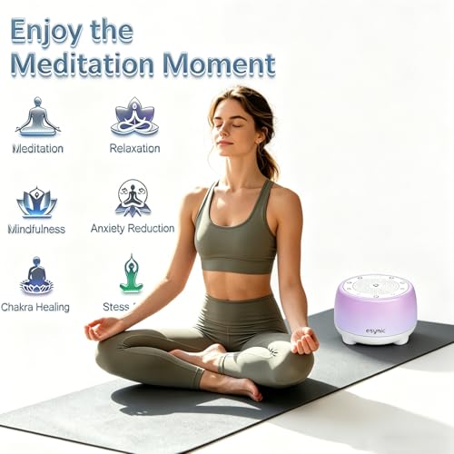 eSynic Rechargeable Tibetan Singing Bowl for Meditation-38 Sounds White Noise Machine with Night Light & 30H Battery-15-90 Timer-Wireless-Sound Healing Device for Yoga Sleep Therapy Stress Relief