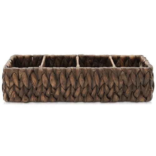 Casafield Set of 2 Water Hyacinth Basket Organizers with 4 Sections, Espresso - Woven Storage Bins for Bathroom, Laundry, Pantry, Office, Shelves