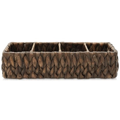 Casafield Set of 2 Water Hyacinth Basket Organizers with 4 Sections, Espresso - Woven Storage Bins for Bathroom, Laundry, Pantry, Office, Shelves