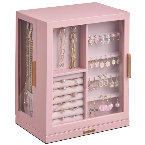 Glimmloop 360° Rotating Jewelry Box with 5 Drawers, Spacious Vertical Jewelry Organizer with Glass Window, Jewelry Storage Case, Dustproof & Moisture-resistant Design, Pink - color: Pink, size: 5 Drawers (6.2"D x 9.2"W x 11.4"H)