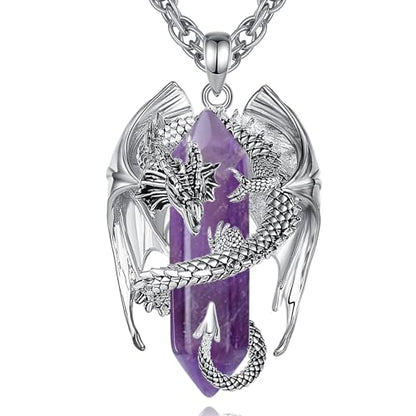 INFUSEU Unique Dragon Necklaces with Healing Crystal Stone for Men Women, Personalized Spiritual Gifts, 24 Inch Chain - color: Amethyst