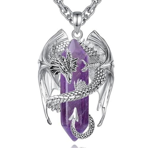 INFUSEU Unique Dragon Necklaces with Healing Crystal Stone for Men Women, Personalized Spiritual Gifts, 24 Inch Chain - color: Amethyst
