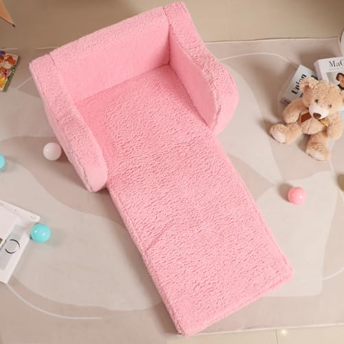 MOMCAYWEX Kids Sofa, 2-in-1 Flip-Out Foam Couch with Soft Sherpa Cover, Cozy Play Lounge Chair, Pink - color: Pink, size: Medium
