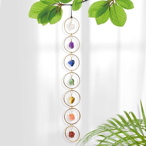 Natural Raw Crystal Stone 7 Chakras Wall Decor Healing Crystal Gemstone Outdoor Indoor Window Round Hanging Home Decoration (Gold Color) - color: Gold, size: Crystal Stone