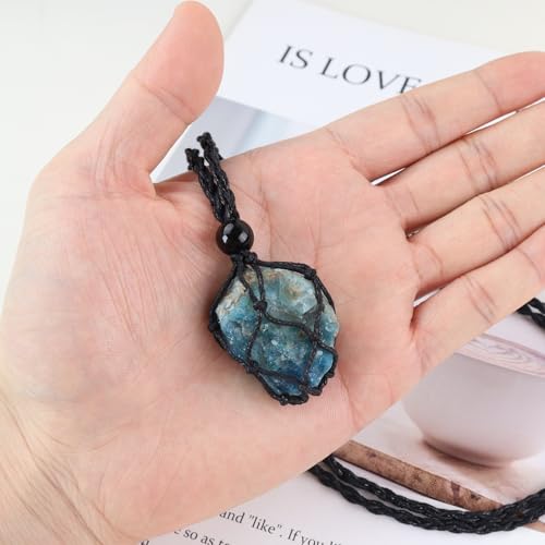 Natural unprocessed crystal raw stone hand woven rope adjustable necklace pendant for both men and women - color: A-Blue apatite