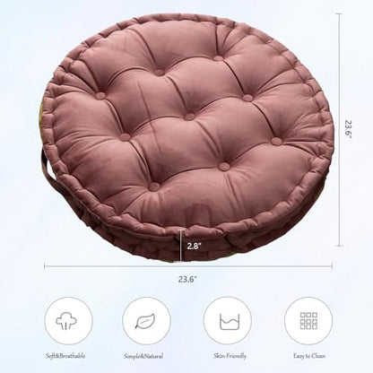 Round Floor Pillow, 23.6x23.6 Inch, Large Seat Cushion for Adults, Soft Thick Meditation Cushion Floor Seating with Handle for Yoga, Reading,Indoor, Outdoor, Pink, 2PCS