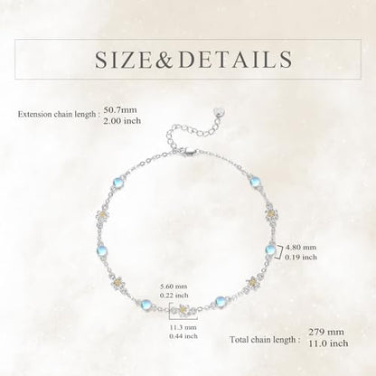 CRMAD 925 Sterling Silver Daisy/Sunflower Moonstone Anklet Daisy Flower Ankle Bracelet for Women Beach Dainty Jewelry - size: 9+2 inch, style: Lily
