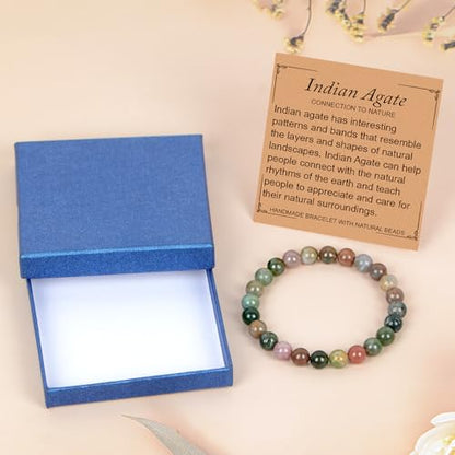 LPBeads Handmade Natural Gemstone Stretch Elastic Bracelet Healing Crystal Round Stone Beads Jewelry Gifts for Women Men - color: Indian Agate, size: 8mm