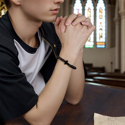 MILAKOO Wooden Bracelet with Black Stainless Steel Cross Charms Bead Christian Gifts for Women Men - color: B1