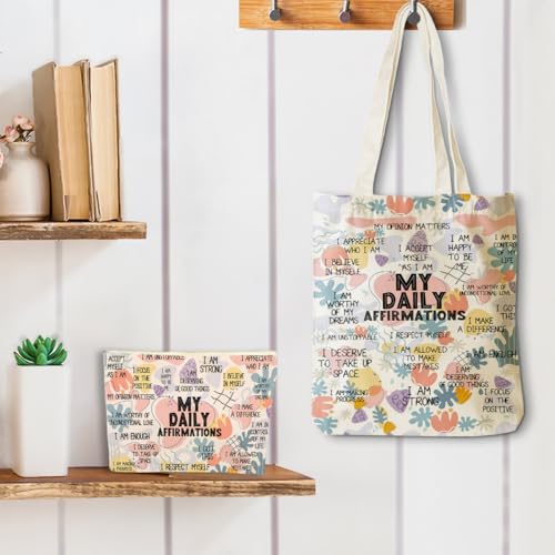Positive Affirmations for Women, 2PCS Cosmetic Bag Canvas Tote Bag Beach Bags with Pocket Makeup Bags, Encouragement Inspirational Mental Health Gifts for Female Sister Friend Birthday Christmas - color: My Affirmations 0940