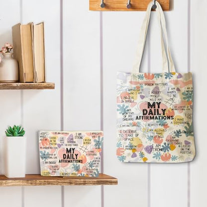 Positive Affirmations for Women, 2PCS Cosmetic Bag Canvas Tote Bag Beach Bags with Pocket Makeup Bags, Encouragement Inspirational Mental Health Gifts for Female Sister Friend Birthday Christmas - color: My Affirmations 0940