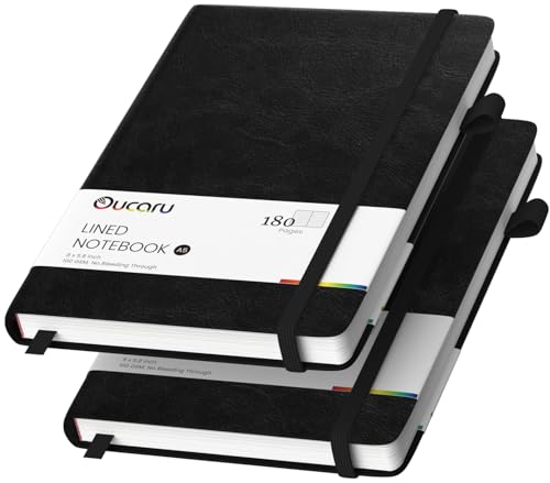 Oucaru Lined Journal Notebook, 2 Pack, 180 Pages, A5 Journals for Writing, 100 GSM Thick Paper, Small Notebooks Daily Journal for Women Men Work, Business, School, Travel Supplies - color: Black & Black, size: 2 Pack