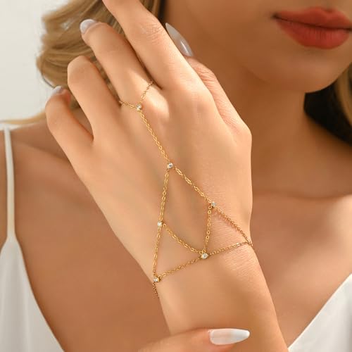 18K Gold Plated Hand Chain Bracelets for Women, Dainty Cubic Zirconia, Heart, Beads, Bamboo Link Charm Bracelet, Trendy Adjustable Finger Ring Bracelet, Hand Chain Jewelry, Christmas Gifts - style: Reticular CZ Hand Chain