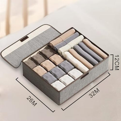Linen Storage Box with Lid – 13-Compartment Multi-Section Organizer for Clothes, Socks, and Home Use (Grey)