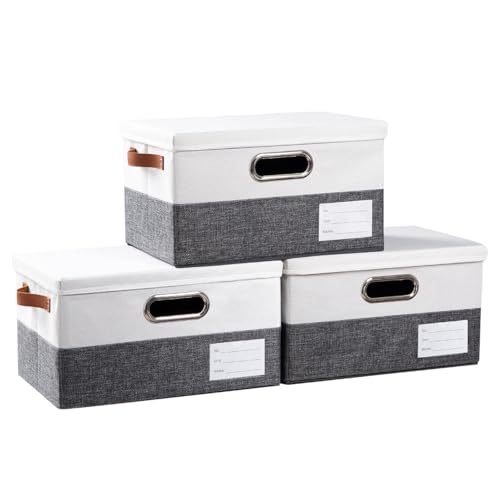 PRANDOM Storage Bins with Lids [3-Pack] Linen Fabric Foldable Storage Boxes Organizer Containers Baskets Cube with Cover for Bedroom Closet Office Grey&White（11.4X8.6X6.7 - color: Grey & White, size: S(3-Pack)
