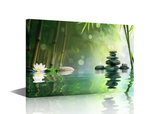 Rebotipy Canvas Wall Art 1 Piece Zen Stones Stacked with Candles by Tranquil Water and Green Bamboo Wall Decorations for Room Decor Framed Ready to Hang (12x18 inch) - color: Artwork 17, size: 18x12 in