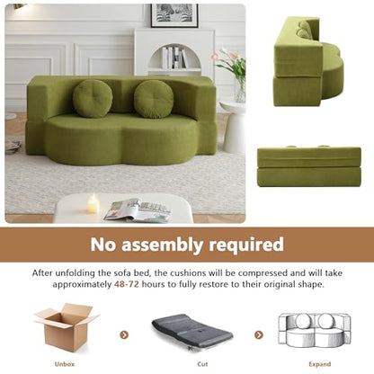 2-in-1 Folding Sofa Bed with Pillow, No Assembly Futon Twin Size Sofa Bed, Breathable Linen-Cotton Convertible Couch Bed for Living Room and Guest Room, 75.5 Inch,Green - color: Green-75.55", size: 2 seat