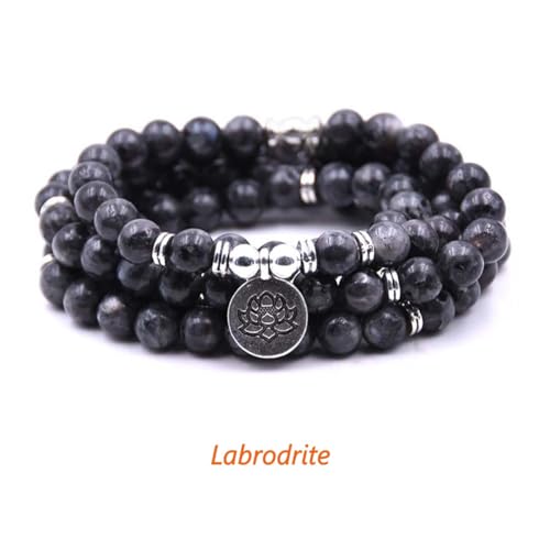108 Mala Beads Bracelet Necklace - Gemstone Prayer Beads with Lotus Charm for Meditation & Yoga - style: Labrodrite