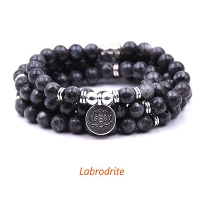 108 Mala Beads Bracelet Necklace - Gemstone Prayer Beads with Lotus Charm for Meditation & Yoga - style: Labrodrite