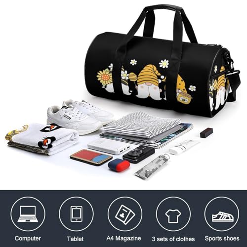 Sunflower Bee Cute Cartoon Gnome Black Cylindrical Portable Fitness Bag, Large Capacity Handbag - color: Sunflower Bee Cute Cartoon Gnome Black