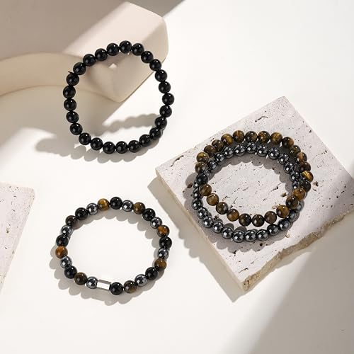 Fengling 4 PCS Beaded Crystal Bracelet for Women 8mm Natural Gemstones Handmade Bracelet for Girls Healing Stretch Bracelets Crystal Jewelry for Women Gifts - color: Tiger Eye&Black Obsidian&Hematite
