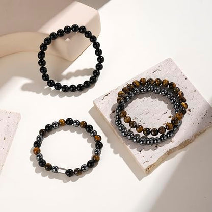 Fengling 4 PCS Beaded Crystal Bracelet for Women 8mm Natural Gemstones Handmade Bracelet for Girls Healing Stretch Bracelets Crystal Jewelry for Women Gifts - color: Tiger Eye&Black Obsidian&Hematite